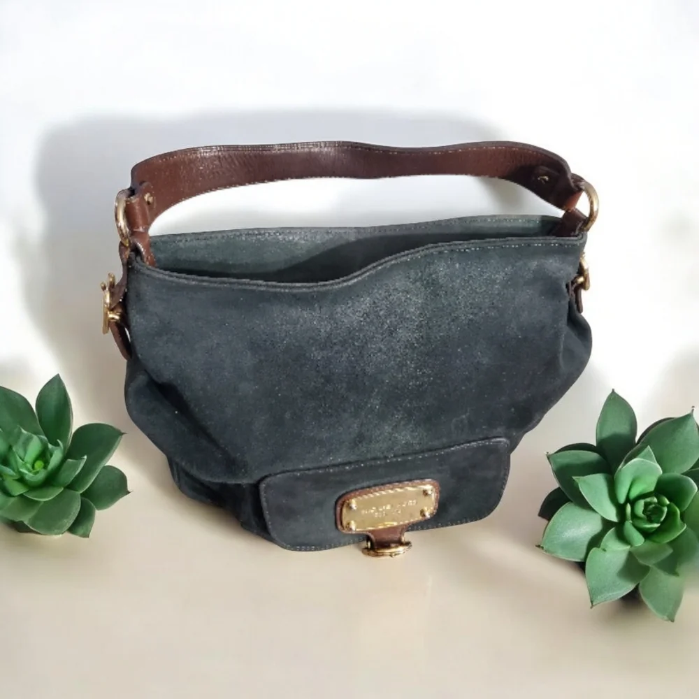 Michael Kors Dark Green‎ Black Suede And Leather Hobo Shoulder Bag